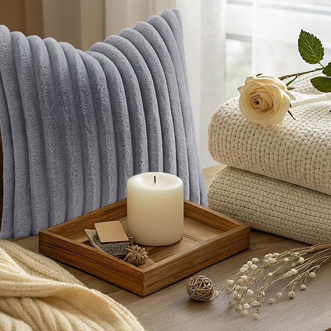 decorUhome Fall Faux Fur Throw Pillow Covers 16x16 Set of 2 Grey | Decorative Soft Cozy Striped Plush Modern Farmhouse Boho Couch Pillow Cases Velvet Back for Sofa Bed Living Room Home Decor