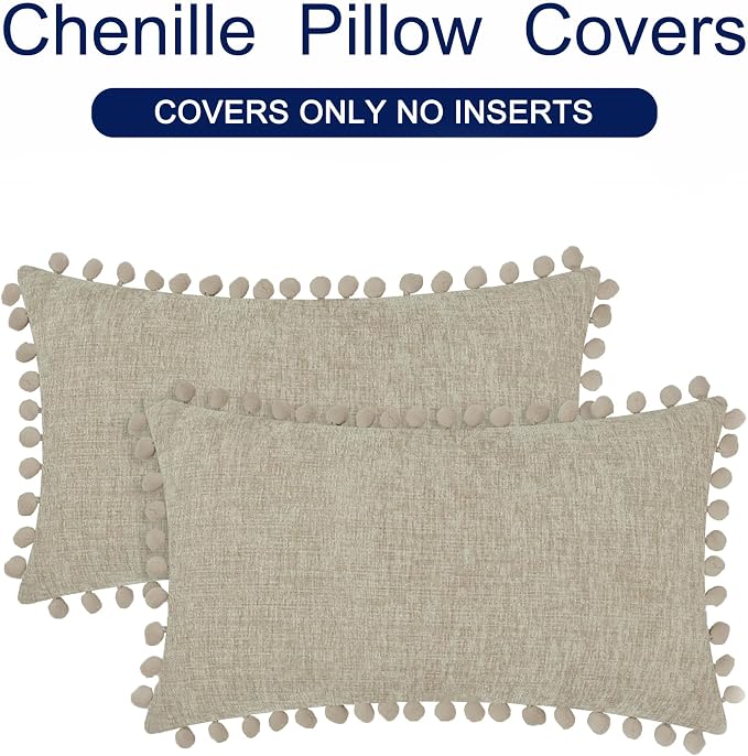 CaliTime Decorative Couch Throw Pillow Covers 20 X 12 Inches Taupe | Pack of 2, Cozy Chenille Cushion Cases, with Pom Poms for Sofa Bed Living Room Farmhouse Home