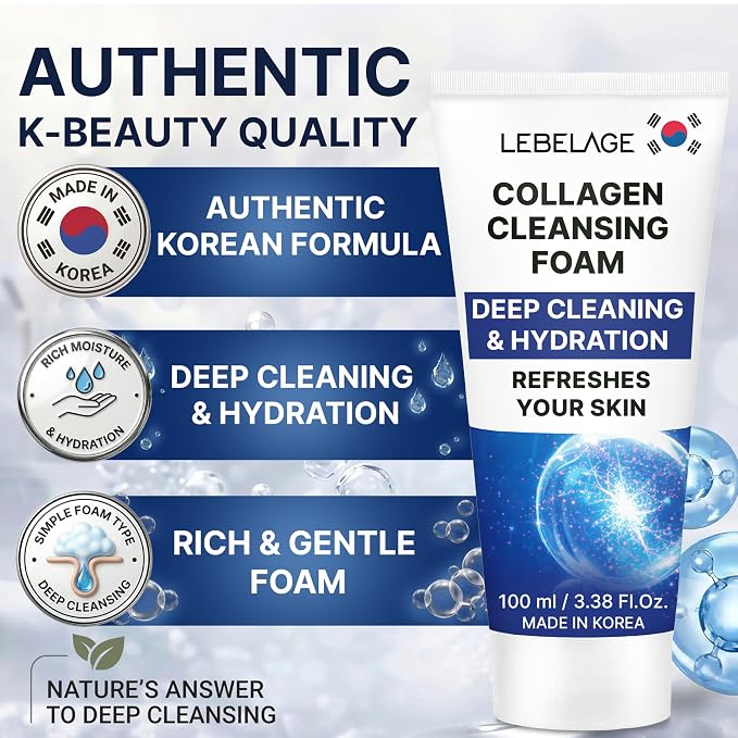 LEBELAGE Korean Collagen Facial Cleanser 3.38 oz | Cleansing Foam Face Wash | Low pH Gentle Hydrating Daily Facial Cleanser Sensitive Skin