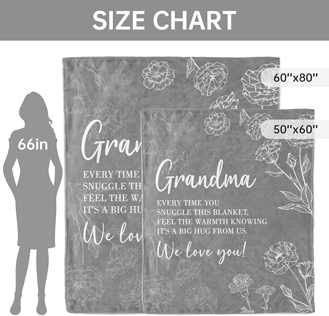 GiltGlimmer Grandma Gifts, Grandma Floral Blanket 80" x 60", Grey | Birthday Gifts for Grandma from Grandkids, to My Grandmother Soft Flannel Throw Blanket for Christmas Mothers Day