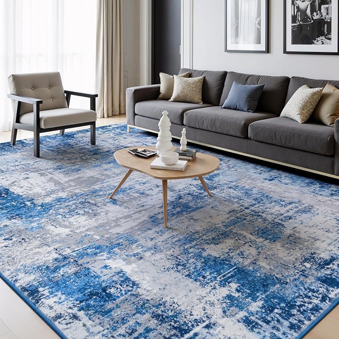 Rugflix 5x7 Area Rugs for Living Room, Washable Blue Grey Large Rug | Machine Washable; Stain-Resistant; Low Pile; Non-Slip; Modern Abstract; Carpet for Bedroom Dining Office Nursery Home