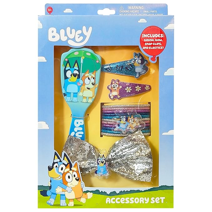 LUV HER Licenced Bluey Girls' 15-Piece Hair Accessories Set – Bluey & Bingo themed Brush, Bow, PVC Snap Clips & Lurex Elastics – Fun & Practical Hair Set for Kids Ages 3+