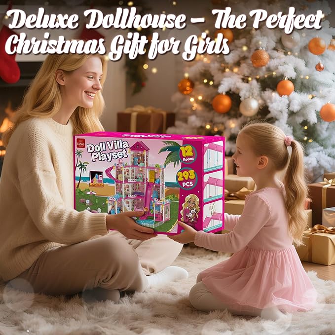 Lehoo Castle Doll House Dreamhome, 4-Story 12 Rooms Dollhouse Playhouse with Doll and Furniture, Pretend Dream Dollhouse Playset Pink Girl Toys, Sturdy Construction, Easy to Move, Ideal Gift Toy