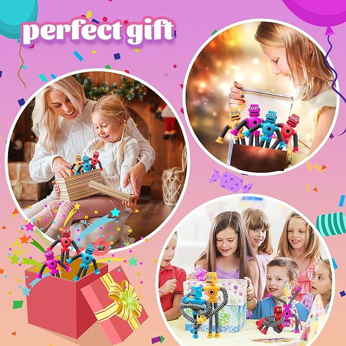 Bendable Robot Figures, Basket Stocking Stuffer Set of 4 Flexible Men, Telescopic Suction Cup Robot Toy, Telescopic Pop Tubes, Fidget Tubes Sensory Toys for Girls Boys