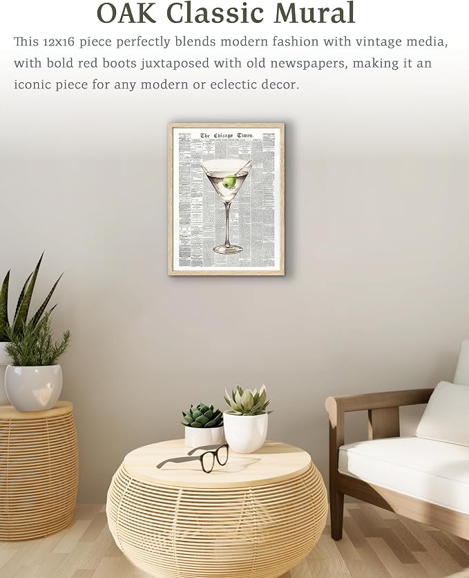 EcoHest 12x16 in Martini Newspaper Framed Wall Art for Bar Cart | Natural Oak Wood Frame, Canvas Wall Art, Martini Cocktail Bar Cart Decor for Living Room, Apartment, Dorm Room, Bedroom,1Pack