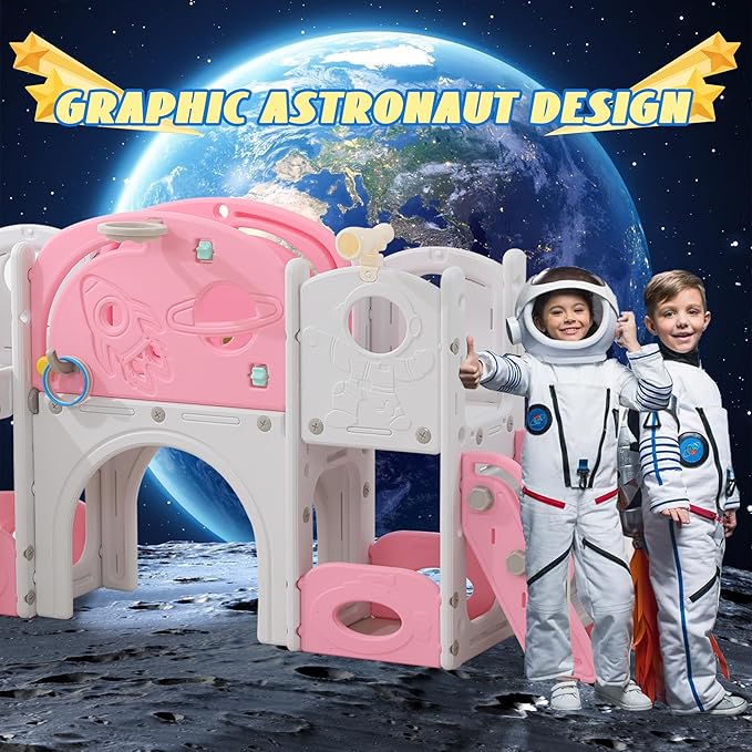 12 in 1 Toddler Slide, Astronaut Themed for Baby Slide Toddlers Aged 3+, with Astronaut,Telescope, Basketball Hoop and Ring Toss, Toddler Playset Pink Gray Combo