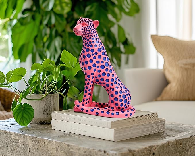 Quoowiit Statues for Home Decor, Modern Sculptures and Statues Decorations for Living Room, Bedroom, Table, Bookshelf, White Resin Leopard Art Decorative Sculpture with Black Polka Dots Design