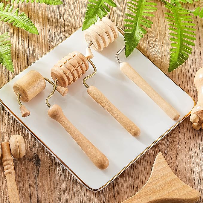 Boao 7 Pcs Wood Therapy Massage Tools Set, Wooden Face Massage Tool & Roller Kit for Lymphatic Drainage Care, At-Home Relaxation & Facial Care, Natural Wood