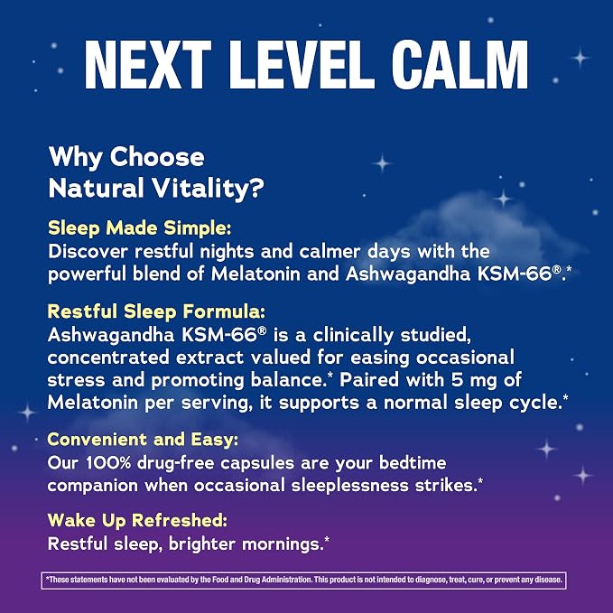 Natural Vitality Calm Sleep Melatonin and Ashwaganda KSM-66 Capsules | 100% Drug Free | 60 Count