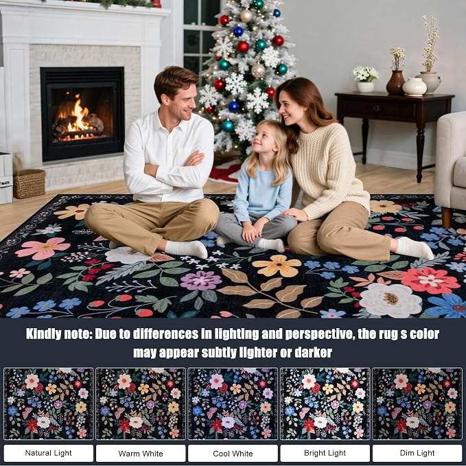 Area Rug Living Room Rugs: Floral 4x6 Washable Rug Vintage Soft Boho Non-Slip Carpet Indoor Floor Stain Resistant Large Carpets for Bedroom Dining Room Farmhouse Nursery Hallway Home Office Black
