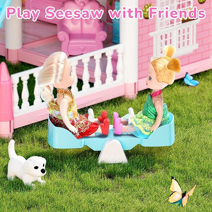 Doll House for Girls, DIY Dream Dollhouse with Furniture and Rooms Accessories, Miniature Pretend Playhouse with Lights, Building Princess House Dolls Playset Figures Toys Kit Gift for Ages 3+