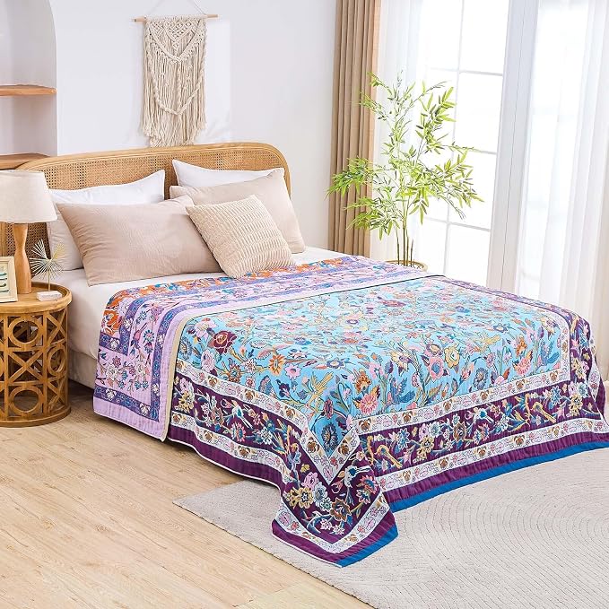 XIBLC Fall Blanket for Bed, 100% Cotton Soft Rustic Boho Throw Blanket Quilt, 80"x90" Farmhouse Decor Bed Flower Blankets, Light Weight Reversible Bohemian Throw Quilt