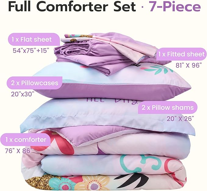 Joiedomi Kid Full Comforter Set 7 Piece Unicorn Bedding Set for Boys Girls Super Soft Microfiber Bed in a Bag with Comforter Sheets Pillowcase & Sham