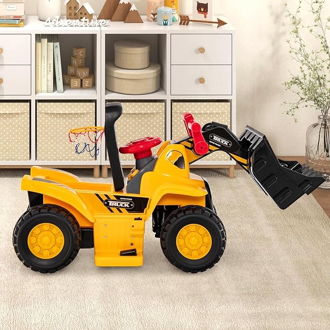 Costzon 2-in-1 Ride on Excavator Bulldozer, 6V Electric Excavator Ride on Toy with 3 Balls & Basketball Hoop, Adjustable Bucket, Ride on Construction Vehicles for Kids, Push Car Gift for Boys Girls