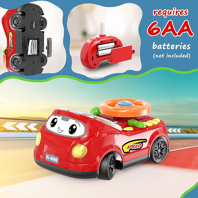 2-in-1 RC Car & Steering Wheel Toy, Musical Toddler Car, Interactive Simulation Driving Toys for 18+ Months Baby Learning, Gift for 1 2 3 4 5+ Years Old Boys Girls