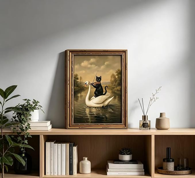 Vintage Gold Framed Black Cat Wall Art,Dark Academia Swan Painting Canvas Print,Moody Cottagecore Cute Animal Wall Decor, Rustic Farmhouse Animal Poster Artwork for Living Room Bedroom Bathroom