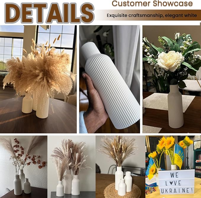 Vintage Blue Ceramic Flower Vases Set of 3, Modern Matte Vertical Ribbed, Nordic Minimalist Decor for Pampas Dried & Fresh Flowers, Centerpiece for Living Room, Shelf, Entryway, Wedding