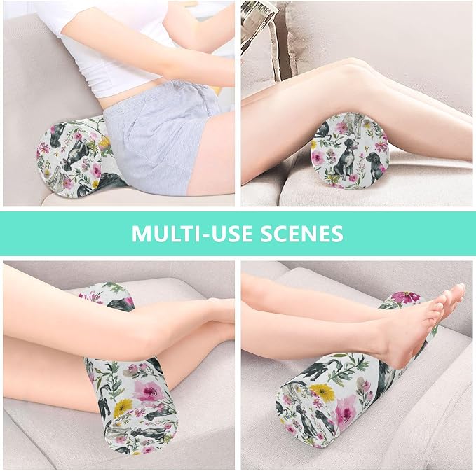 Watercolor Dogs Flowers White Neck Roll Pillow Bolster Round Health Memory Foam Long Cervical Cylinder Pillows with Removable Washable Cover for Body Bed Legs Back Yoga