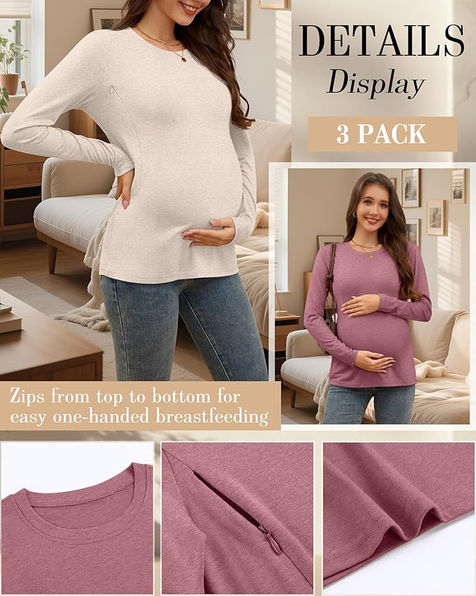 3 Pack Nursing Tops for Breastfeeding Maternity Shirts Zipper Long Sleeve Round Neck Knit Casual Nursing Clothes