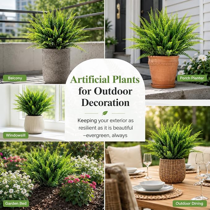 MAQIHAN 40PCS Fake Fern for Outdoor - Artificial Boston Fern Stems Decor | Realistic Fake Greenery for Large Planters, Vase, Porch, Patio, Garden Decor, Faux Plants for Indoor, Outdoor Home Decoration