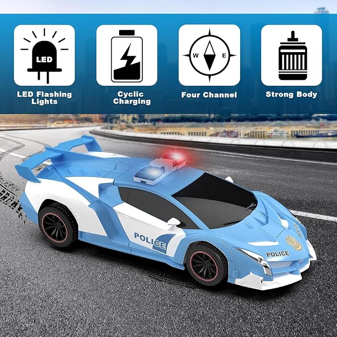 Remote Control Car - Transforming Toy Car Robot, One-Button Deformation with Flashing Lights 2.4GHz 1:18 Scale Transforming Police Car with 360-Degree Rotation Toys for Boys and Girls