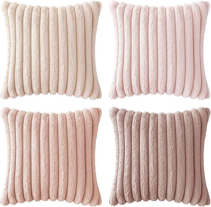 MIULEE Faux Fur Plush Decorative Throw Pillow Covers 16x16, Pink | Set of 4, Striped, Soft Cute Romantic Modern Cozy Home Decor, Cushion Cases for Sofa Couch Bed Living Room