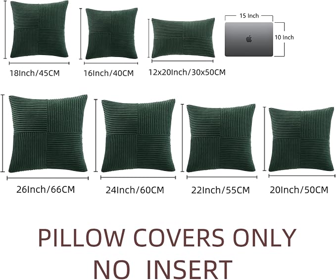 Fancy Homi Set of 2 Dark Green Samll Decorative Throw Pillow Covers 14x14 Inch for Living Room Couch Bed, Boho Farmhouse Forest Green Home Decor, Soft Corss Corduroy Patchwork Textured Cushion Case