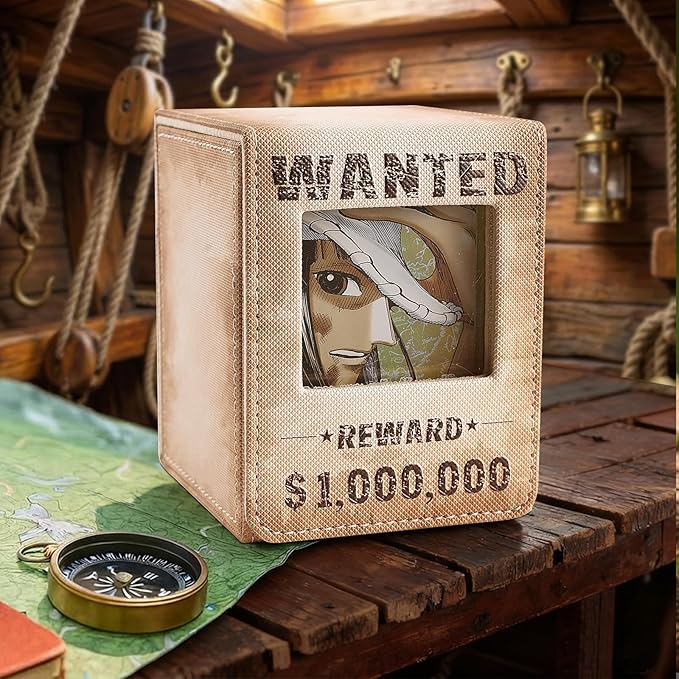 Wanted Poster Themed Deck Box with Commander Display, MTG Card Deck Case Fit 120 Single Sleeved Cards, PU Leather Magnetic Card Storage Box with 2 Dividers, Compatible with One Piece/TCG