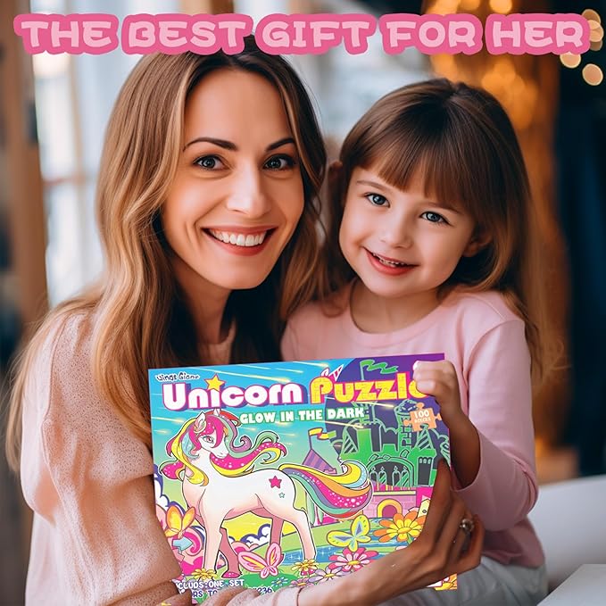 Glow in The Dark 100 Piece Unicorn Puzzle with Paint for Kids, Jigsaw Puzzle Toys for Girls&Boys, Unicorn Birthday Gift for Girls Toodler Age 5 6 7 8