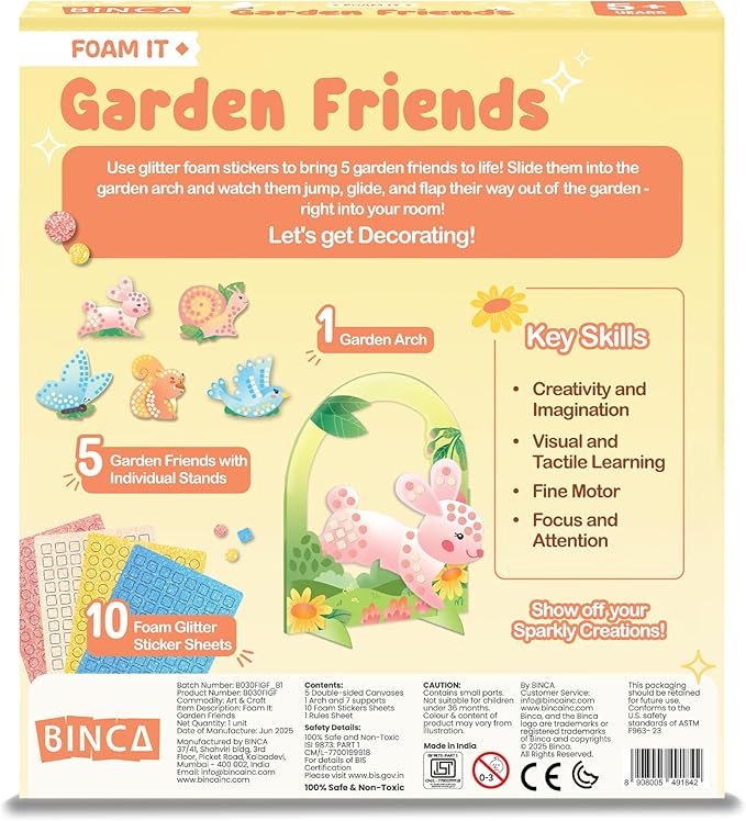 BINCA Foam Sticker Mosaic Art Activity, 750+ 3D Glitter Foam Stickers, 5 Garden Animals with Display Arch, DIY Mess-Free Activities, Felt Craft Kits & Gifts for Boys & Girls Ages 5,6,7,8