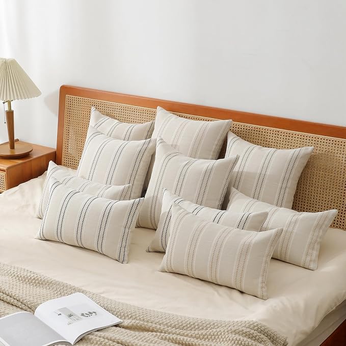 Hckot Throw Pillow Covers 12x20 Set of 2 Striped Pillow Covers Textured Linen Decorative Pillows Lumbar Cushion Covers for Sofa Couch Bed Living Room Farmhouse Decor, Khaki