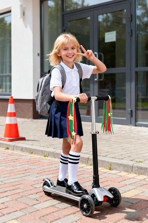PLATT Kids Bike & Scooter Handlebar Streamers - Bright Ribbon Tassels for Boys & Girls, Cute Bicycle Decor (Red/Green/Gold, 1 Pair)