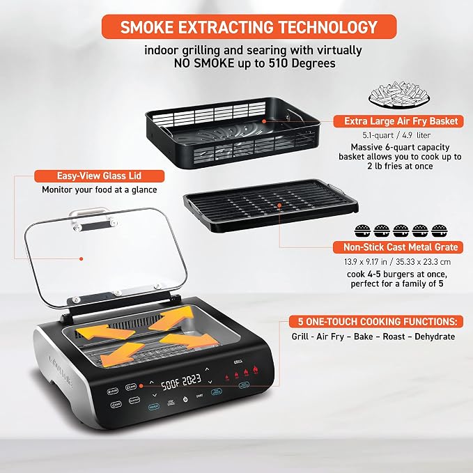 Gourmia Smokeless Indoor Grill & Air Fryer raclette grill with Smoke Extracting Technology Extra-Large Nonstick Cooking electric grill indoor Korean BBQ Style 6 Quart FoodStation™