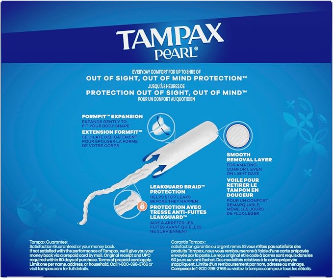 Tampax Pearl Tampons for Women, with LeakGuard Braid, Super Plus Absorbency, Unscented, 50 Count