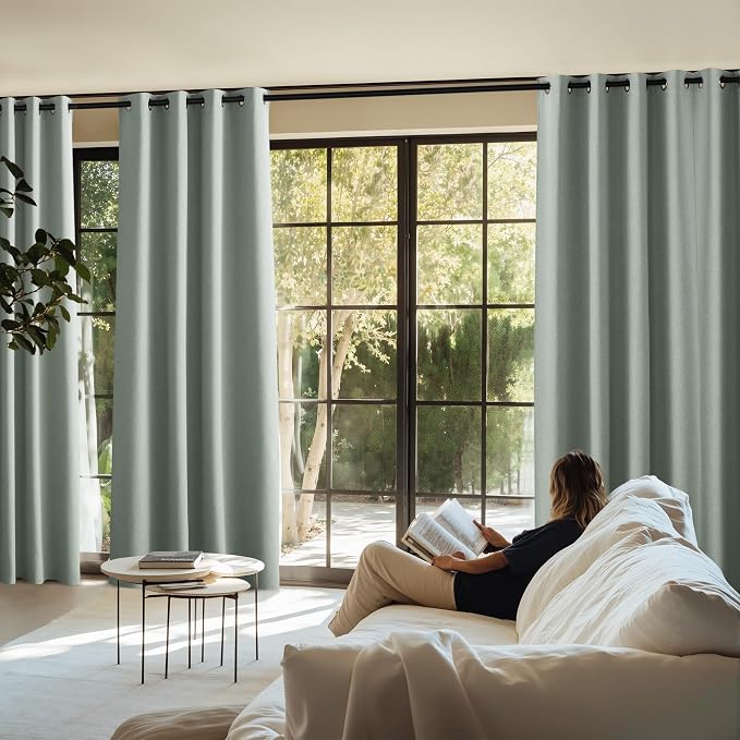 NICETOWN 100% Blackout Curtains 90 inches Length for Living Room, W52 x L90, 2 Panels, Crisp Structured Faux Linen Farmhouse Style Thermal Insulated Window Draperies for Dining Room, Sage Green