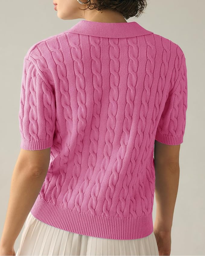Imily Bela Womens Cable Short Sleeve Sweaters Tops Lapel V Neck Knit Shirt | Solid,Knit Casual,Soft Pullover,Fall Sweaters,Womens Summer Work Tops