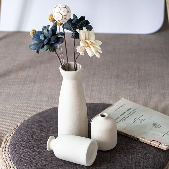 CEMABT Beige Ceramic vase Set-3 Small Flower vases for Decor,Modern Boho Farmhouse Home Decor,Decorative vase for Pampas Grass&Dried Flowers,idea Shelf,Table,Bookshelf ,Entryway- Distressed