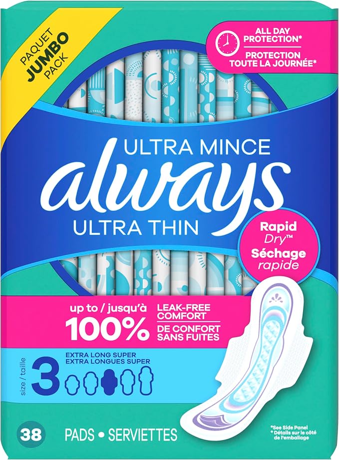 Always Ultra Thin, Size 3 Extra Heavy Long Absorbency, Multipack, with Wings, Unscented, 38 Count x 3 Packs (114 Count Total)