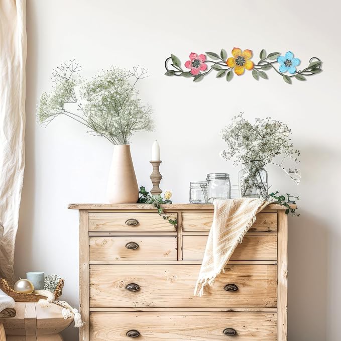 Wesiti Metal Flower Wall Decor Vintage Metal Flower Wrought Iron Scroll Sculpture 15.7''x3.7'' Not 3D, Flat Farmhouse Leaf Wall Decor with Nails for Summer Bedroom Kitchen Indoor Outdoor(Bright Color)