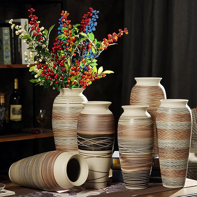 12.6" Tall Vintage Ceramic Rustic Farmhouse Vase (Half Stripe Brown) | Large Boho Textured Flower Vases for Home Decor, Living Room, Table, Mantel, Shelf