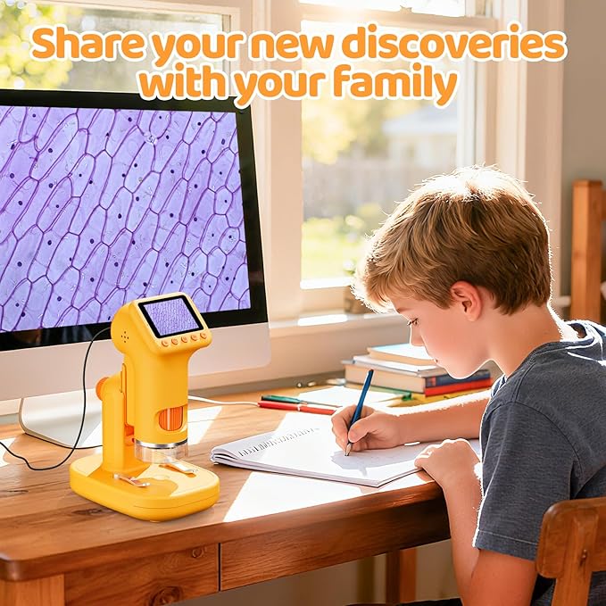 1600X Microscope for Kids, 4K 2.0" Screen Kids Microscopes with Slides Kit Microscope for Toddlers Christmas Birthday Gifts Toys for 3-14 Year Old Children Students (Yelllow)