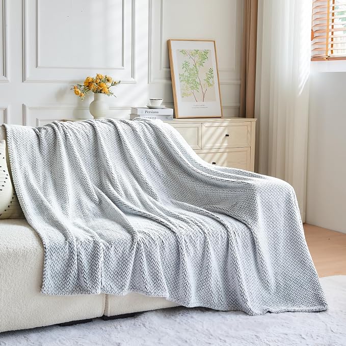 NEWCOSPLAY Fleece Leaves Pattern Queen Blanket, Frosty Dark Grey, 90"x90" | Super Soft Throw Blanket, Lightweight Cozy Bed Sofa Blanket, Premium Silky Flannel Fleece, Travel Blanket for All Season Use
