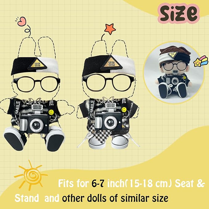 17cm Doll Clothes 6 PCs Accessories Outfits Black Shoes Sweater Glasses Hairband Camera Necklace Clothing Set for Keychain,No Doll(Black)