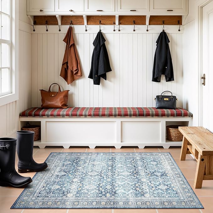 3x5 Area Rugs for Entryway, Blue Washablee Non-Slip Area Rug for Kitchen | Soft Area Rug for Dining Room Home Office Indoor Nursery, Stain Resistant, Low Pile, Vintage Boho Distressed Rug