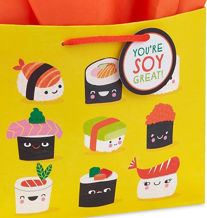 Hallmark 7" Medium Horizontal Gift Bag with Tissue Paper and Gift Tag (Sushi, You're Soy Great!) for Birthdays, Graduations, Congrats, Thank You