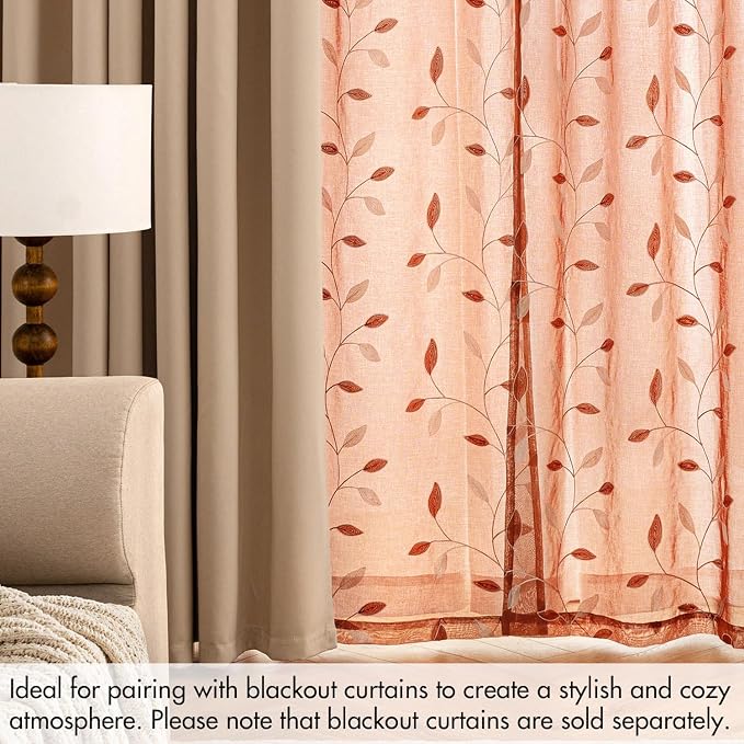 MIULEE Burnt Orange Sheer Curtains 2 Panels Embroidered Leaf Patterned Rod Pocket Floral Semi Faux Linen Short Fall Window Curtains Drapes Set for Kitchen Living Room Bedroom, 52x54 Inches Length