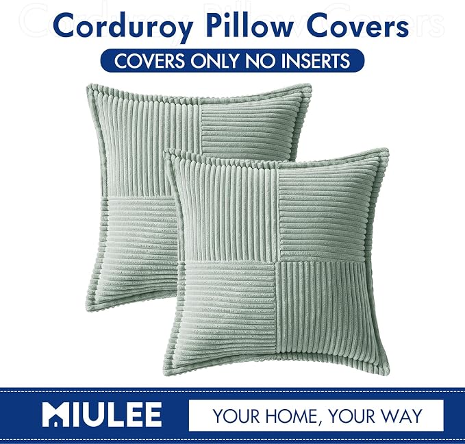MIULEE Decorative Throw Pillow Covers for Couch 16x16 Inch Greyish Green | Boho Broadside Striped Patchwork Pillow Covers, Soft Corduroy Cushion Cases, For Sofa Bed Livingroom Home Decor