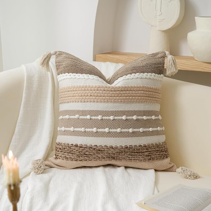 Brown Decorative Throw Pillow Cover 18x18 Square Boho Accent Pillowcase Tassels Farmhouse Cushion for Couch Sofa Bedroom Livingroom Home Décor Cover ONLY (Pack of 1)