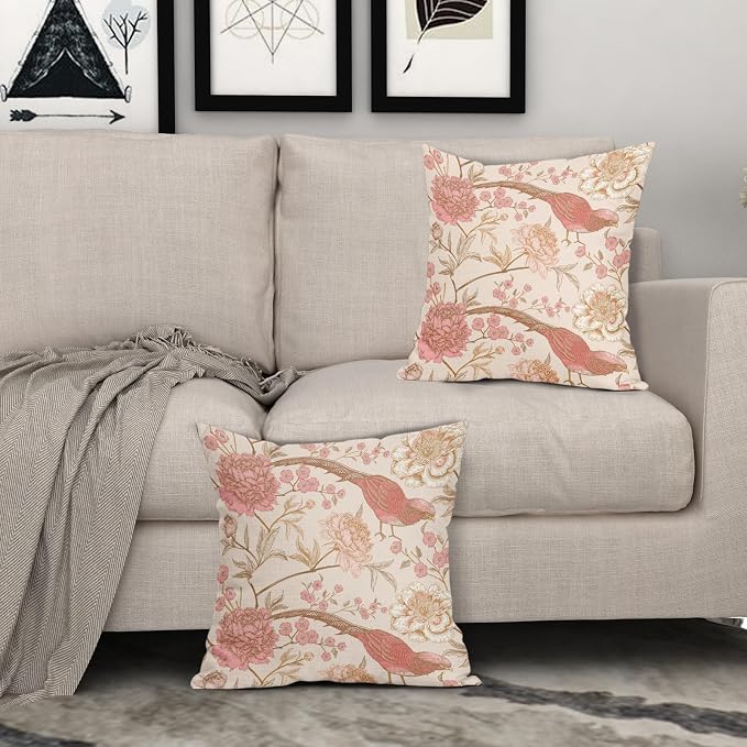 Flowers Birds Pillow Covers 18X18 Inch Set of 2 Pink White Roses Floral Leaf Decorative Pillow Cases Art Retro Gold Cotton Linen Cushion Case Vintage Home Decor for Sofa Couch Porch Outdoor