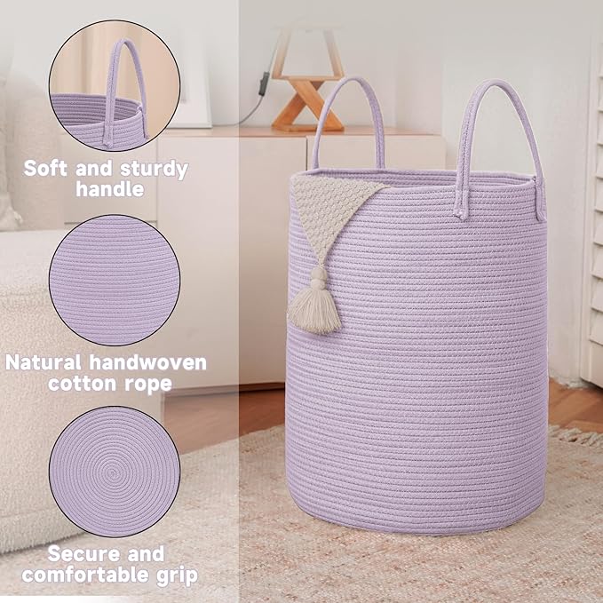 JMvicyroam 60L Cotton Rope Laundry Basket Hamper, Purple | Collapsible laundry basket, reinforced handles, freestanding, machine washable, holds 3-5 thick blankets, clothes or toys